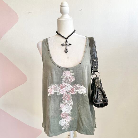 Y2K Floral Cross Studded Tank Top Vintage 2000s Grunge‎ Gothic Punk Festival XL - Picture 1 of 6